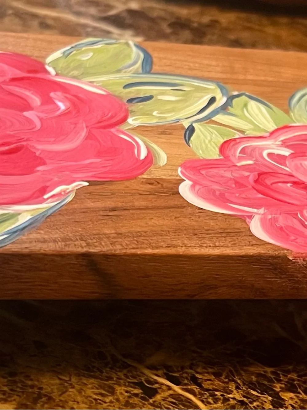 Hand-Painted Floral Wood Serving Board - Pink Roses